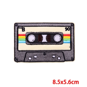 Retro cassette tape embroidery patch in 8.5x5.6cm size with colorful stripe accents