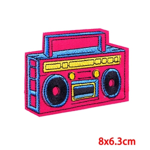Retro cassette tape embroidered patch for DIY clothing, size 8x6.3cm with colorful threads