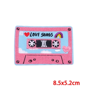Pink retro cassette embroidery patch with Love Songs text for DIY clothing, 8.5x5.2cm