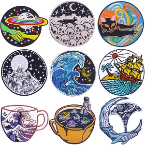 Mixed Embroidery Patches For Clothing Iron On Applique Wave Astronaut Mountain Cat Skull DIY Decorative Repair Badge