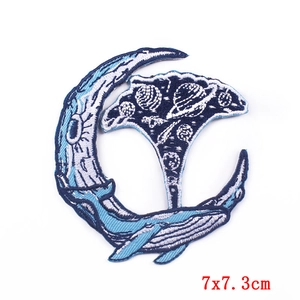 Cartoon whale and crescent moon embroidered patch with starry sky cosmic patterns