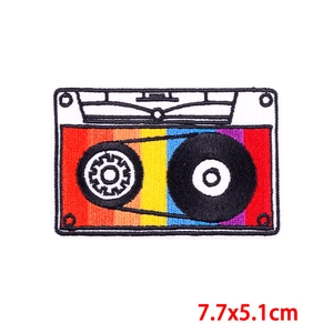 Detail of retro rainbow cassette tape embroidered patch showing stitching and 7.7x5.1cm size