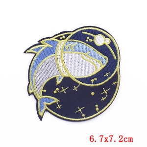 Cartoon shark embroidery patch with star pattern and gold border for clothing DIY