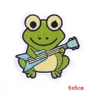 Embroidered green frog patch with blue guitar iron-on applique for clothes 6x6cm