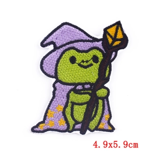 Embroidered frog wizard iron-on patch with hat and wand for DIY clothing 4.9x5.9cm