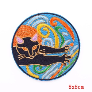 8x8cm round embroidered patch featuring black cat and starry vortex for DIY clothing