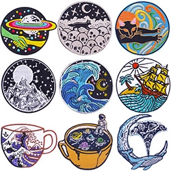 Detailed embroidery texture of nine surrealist patches including fox and space designs