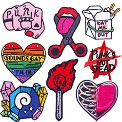 Detailed assortment of punk style embroidered patches featuring rainbow and heart motifs