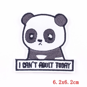 Embroidered panda patch with 'I CAN'T ADULT TODAY' slogan, size 6.2x6.2cm for DIY clothes