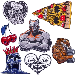 Punk Embroidery Patch Iron On DIY Fabric Sticker Muscle Animal Tiger Dog Skull Heart Cherry Pizza Design For Clothing Bag Jacket