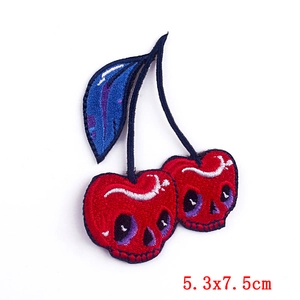 Punk style skull cherry embroidered patch with iron-on backing for DIY clothing decor