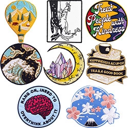 Set of 8 embroidered patches including mountain, waves, and floral designs for clothing DIY