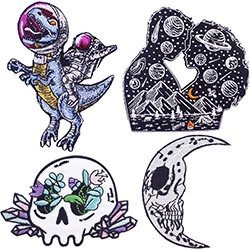 Detailed view of four punk dinosaur and gothic embroidered iron-on patches with vivid textures