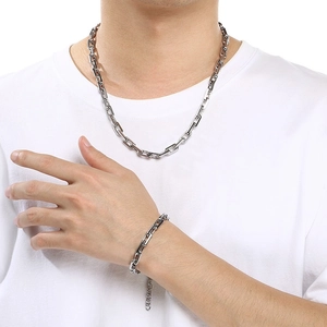 Ensemble collier et bracelet minimaliste en acier titane à maillons rectangulaires