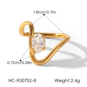 Detailed view of gold-plated wavy stainless steel ring with oval zircon and dimensions