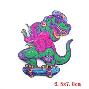 Close-up of punk dinosaur skateboard embroidered patch with dimensions 6.5x7.8cm