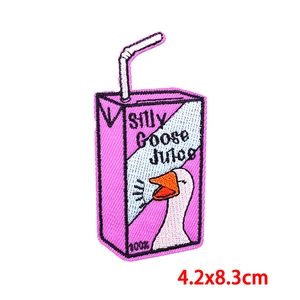 Detailed embroidery of purple goose juice box patch with dimensions 4.2x8.3cm
