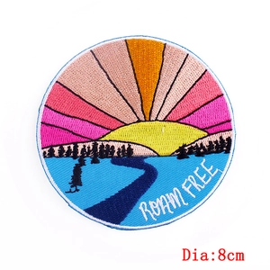 Roam Free landscape embroidery patch with pine forest and river sunset scene for DIY