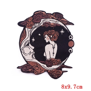Bohemian crescent moon and girl embroidery patch for DIY clothing, size 8x9.7cm