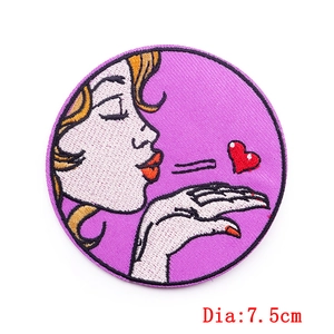 7.5cm round Pop Art embroidered patch with girl and red heart for DIY apparel