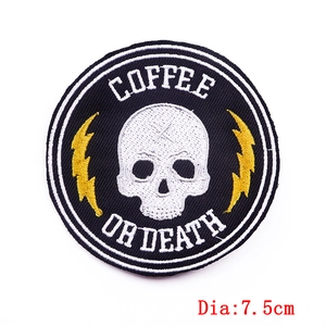Close-up of Coffee or Death skull embroidery patch with 7.5cm diameter scale