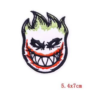 Creative punk skull embroidery patch with green flame hair and joker face, 5.4x7cm size