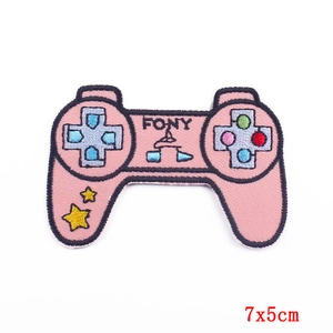 Detailed embroidery of a pink game controller patch with FONY text and 7x5cm scale