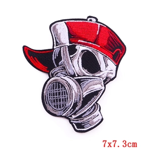Creative punk skull embroidery patch with gas mask and red cap, 7x7.3cm iron-on DIY appliques