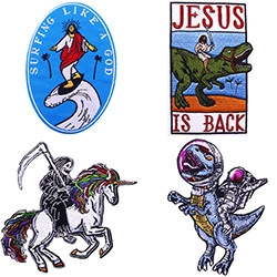 Close-up of four creative embroidered patches with surfing Jesus and dinosaur themes
