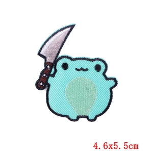 Cartoon frog embroidery patch with chef knife design, size 4.6x5.5cm for DIY clothing
