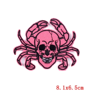 Pink crab skull embroidered patch for DIY punk jackets, 8.1x6.5cm rock style badge