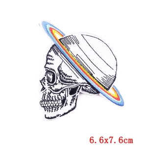 Macro detail of skull embroidery patch with rainbow ring, size 6.6x7.6cm for DIY decor