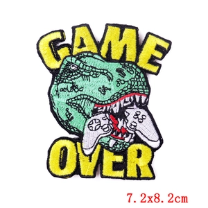 Embroidered dinosaur game over patch for DIY clothing, 7.2x8.2cm iron on patch