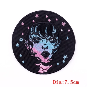 7.5cm round feminist embroidery patch with abstract face and star details for DIY apparel