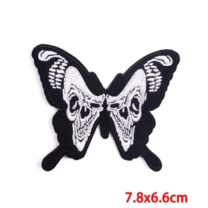 Gothic skull butterfly embroidery patch in black and white, 7.8x6.6cm iron-on DIY decal