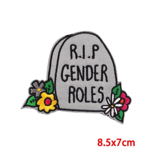 RIP Gender Roles tombstone embroidered patch with floral details and iron-on backing