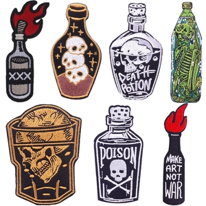 Gothic Skull Embroidery Patch Iron On Molotov Cocktail Poison Bottle Potion Design DIY Clothing Applique For T-Shirt Bag