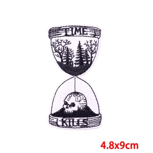Creative hourglass skull embroidered patch with forest and Time Kills text for DIY clothes