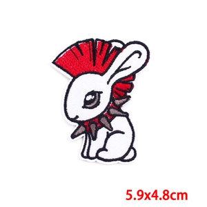 Detail of punk white rabbit embroidery patch with red mohawk, size 5.9x4.8cm
