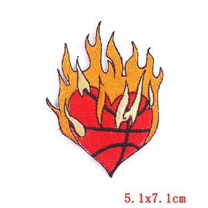 Detail of embroidered heart basketball flame patch with precise 5.1x7.1cm edge stitching