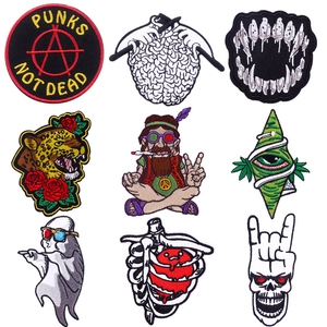 Punk Rock Embroidered Patches With Adhesive Backing DIY Skull Brain Ribcage Patches For Clothing Backpack Decorative Appliques