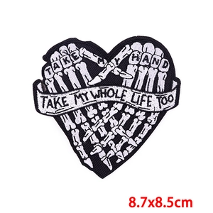 Skull hand heart embroidered patch with Take My Whole Life Too text 8.7x8.5cm