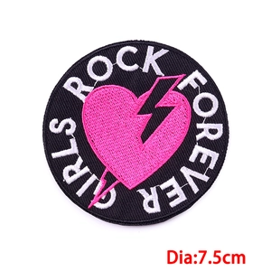 7.5cm round Girls Rock Forever embroidered patch with pink heart and lightning bolt