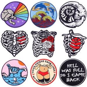 Punk Gothic Skeleton Heart Embroidered Patch Applique Embroidery Thread Iron On Badge For Clothing Decoration Backpacks