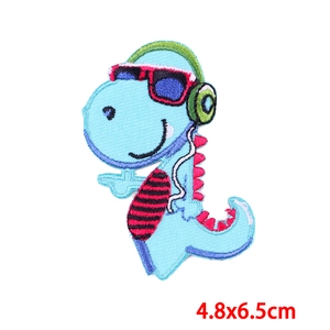 Cartoon blue dinosaur embroidery patch with sunglasses and headphones, 4.8x6.5cm size