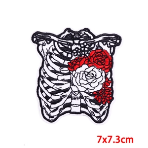 Skeleton rib cage and roses embroidered patch for DIY fashion jackets, size 7x7.3cm