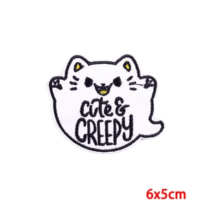 Cute & Creepy ghost cat embroidered iron-on patch for DIY clothing, size 6x5cm