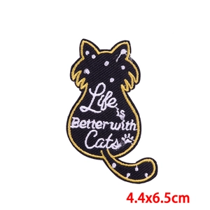Cat embroidery patch with Life is Better with Cats text and gold border, 4.4x6.5cm size