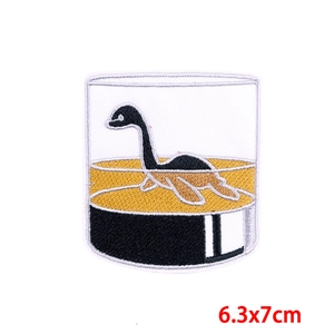 Nessie monster embroidery patch in a glass cup, punk DIY iron-on sticker 6.3x7cm