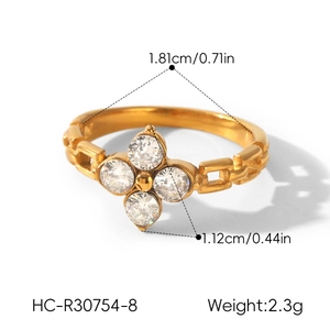 Detailed view of gold-plated clover ring with stones, 1.81cm diameter and 2.3g weight